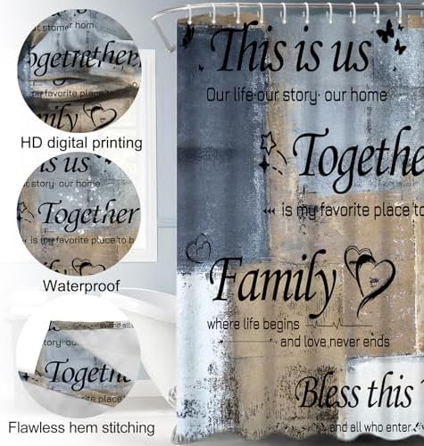 Lnond 4Pcs Shower Curtain Set with Toilet Lid Cover and Non-Slip Rugs for Bathroom,Navy Blue and Brown Abstract Motivational Bathroom Sets with Shower Curtain and Rugs