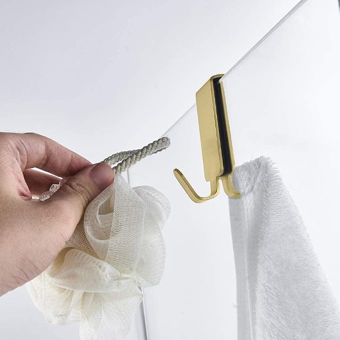 Double Hooks for Glass Shower Door, Towel Hooks Over The Bathroom Glass Wall 0.31-0.39in, Stainless Steel, Gold,2 Pack.