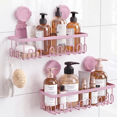 JOTPE Pink Suction Cup Shower Caddy, 2 Pack Bathroom Organizer with Hooks