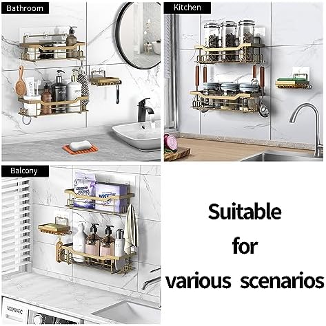 Shower Caddy Shelves Organizer Rack, 3 Pack Shower Caddy with Soap Holder,No Drilling Wall Mounted Self Adhesive Shower Shelves for Inside Shower,Matte Gold