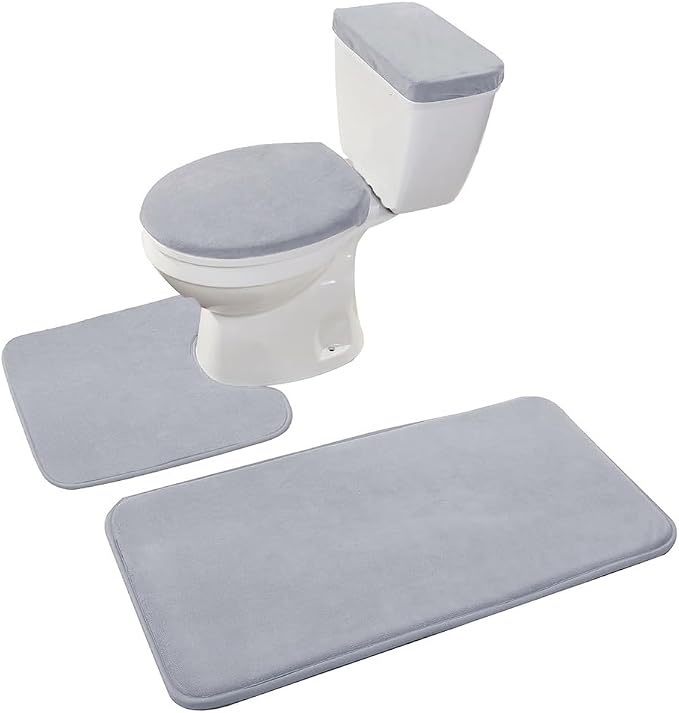 Madeals Memory Foam Bathroom Toilet Rug Set 4 Piece with Toilet Lid Cover and Tank Covers Grey
