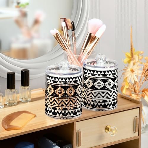 Aztec Tribe Pattern Black Stripe 4 Pack Plastic Qtips Holder Bathroom Organizer Canisters for Cotton Balls/Swabs/Pads/Floss,Plastic Apothecary Jars for Vanity