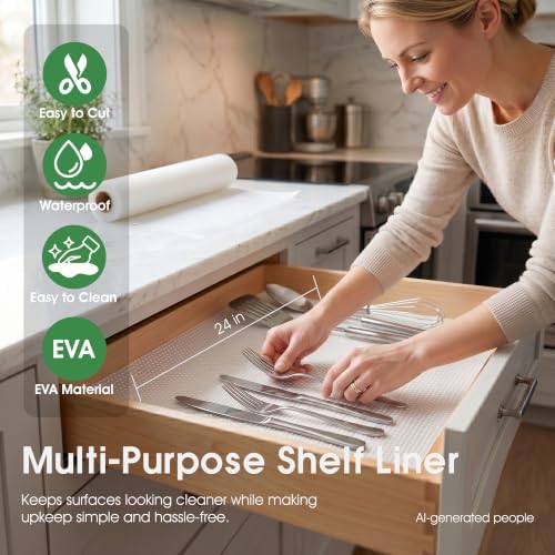 PABUSIOR Large Clear Shelf Liners for Kitchen Cabinets: 23.8" W x 288" L Waterproof Under Sink Mat - Non-Adhesive Non Slip Translucent Large Drawer Liner for Pantry Shelves