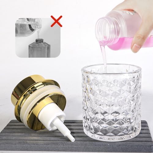 Bathroom Accessories Set 2pcs Glass Foaming Soap Dispenser and Toothbrush Holder for Bathroom Countertop, Clear Glass Bathroom Assessory Set with Gold Decor
