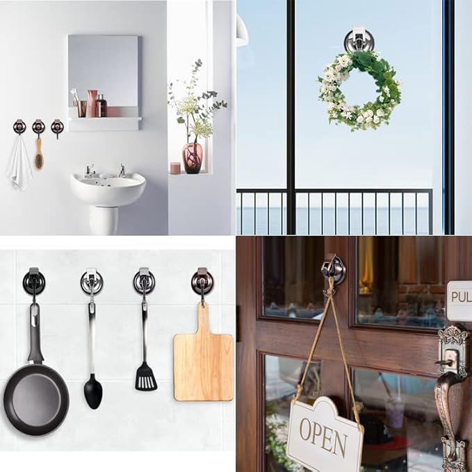 Heavy Duty Suction Cup Wreath Hanger - Professional Vacuum Suction Hooks for Front Door Glass Window, Waterproof Shower Hooks for Towel Loofah Bathrobe, 11lbs Max Load (4 Pack, Black)