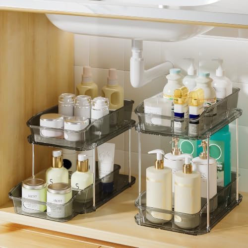 Delamu 2-Tier Under Sink Organizers and Storage, Multi-Purpose Stackable Bathroom Cabinet organizers, Pull Out Kitchen Pantry Organization and Storage with Dividers(2 Pack, Grey)