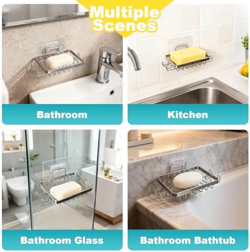 Soap Dish for Showr - 304 Stainless Steel Bathtub Tray Suction Cup Square Shower Soap Holder - A Must-Have for Comfortable Apartment, Home and Dormitory Bath Laundry Kitchens