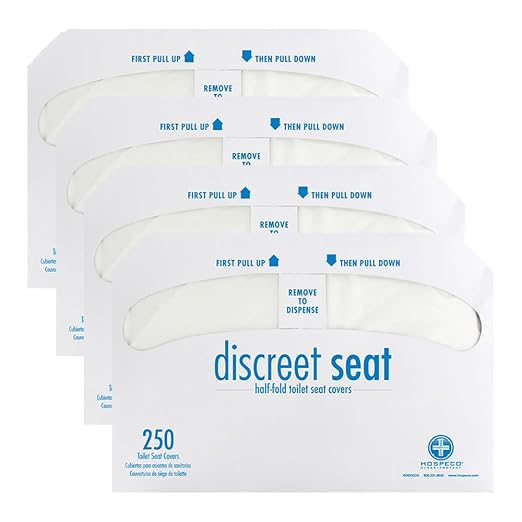 Hospeco Flushable Toilet Seat Covers - 1000 Pcs, 4 Packs of 250 - Disposable Paper Discreet Seats for Commercial Wall Dispenser, 16.75 x 14.25 Half-Fold, White