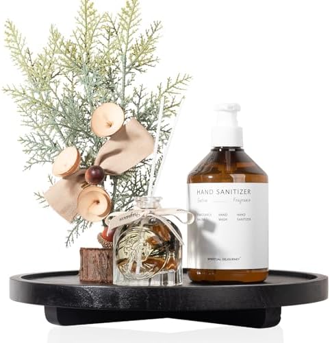 Round Decorative Tray Wood Bathroom Counter Organizer Farmhouse Kitchen Decor Wooden Riser for Soap Dish, Perfume, Candle, Sponge, 12" - Black