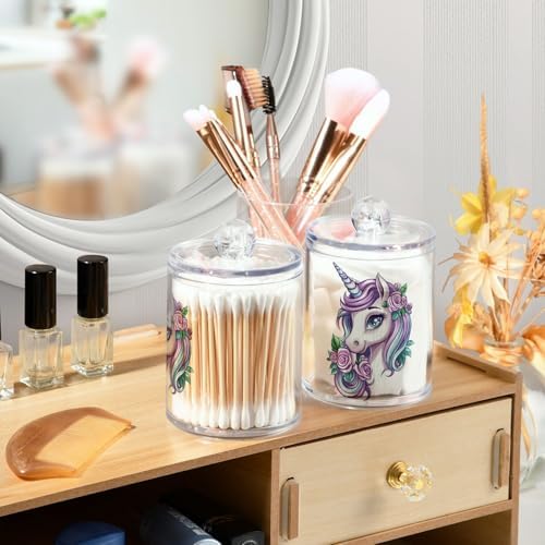 Fustylead 2 Pack Cute Unicorn with Purple Long Mane and Flower Plastic Apothecary Jars with Lid, Bathroom Vanity Storage Organizer Canister for Qtip, Cotton Ball, Swab, Round Pads, Floss