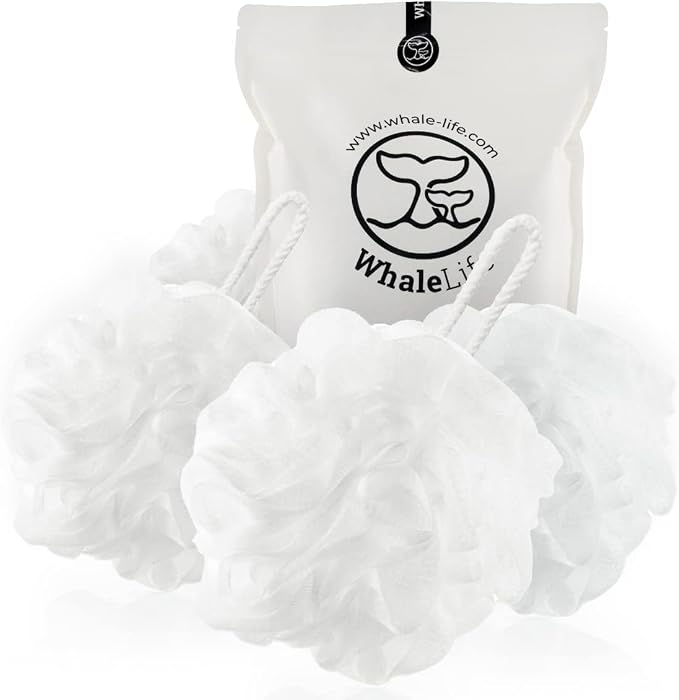 Loofah Sponge Bath Sponge for Women Men 4 Pack (White) | 10X Suds Save Body Wash Double Knotted Anti Tear Core Fast Dry Cotton Loop Stay Fresh Large Mesh for Sensitive Skin