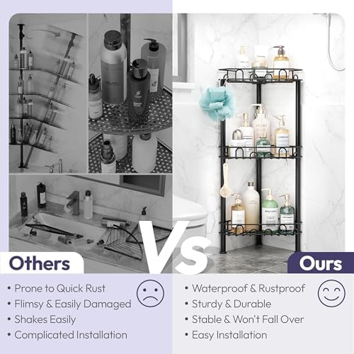 SWTYMIKI Standing Shower Caddy Corner - 3‑Tier Stainless Steel Shower Organizer Shelf with 12 Hooks and Adhesive Pads, Rustproof Corner Shelves Stand Rack for Bathroom Shower Room, Black