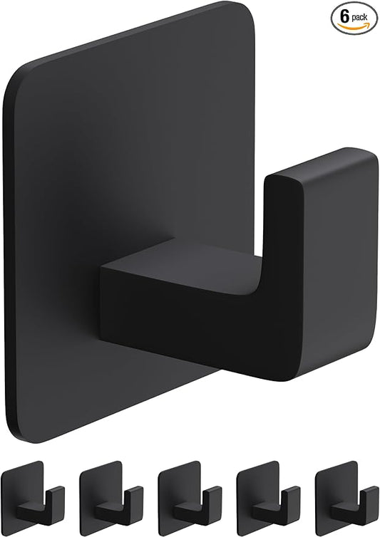 GWAAZXGZ Square Self Adhesive Towel Hooks - 6 Pack Matte Black Metal Hooks, Right-Angle Design for Towels, Robes & Hats, Organize Bathroom, Kitchen, Entryway, Doors, Cabinets on Smooth Surfaces