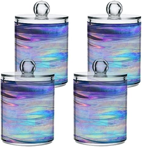 2 Pack Apothecary Jars Bathroom Iridescent Qtip Holder Dispenser Clear Plastic Storage Canister Jar with Lid for Cotton Ball, Cotton Swab