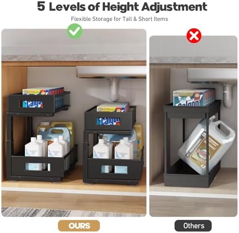 2-Tier Under Sink Organizer with Sliding Drawers, Pull-Out Cabinet Organizer with Adjustable Height, Kitchen & Bathroom Storage Shelf, Black, 1 Pack