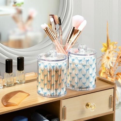 Gredecor 4 Pack Qtip Holder Clear Blue Ribbon Bow Watercolor Apothecary Jars with Lids Acrylic Bathroom Jars Vanity Countertop Canister Storage Organizer for Cotton Ball,Swabs,Pads,Floss