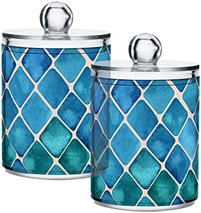 Fustylead 2 Pack Blue-green Squares Qtip Holder Dispensers, Bathroom Storage Canister Plastic Apothecary Jar Set for Cotton Swabs, Ball, Pads, Floss