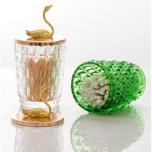 Fashion Luxury Glass Swan Shape Q-Tip and Cotton Ball Swab Holder Toothpick Holder Container Dispenser Organizer with Lid for Bathroom Kitchen (Green)