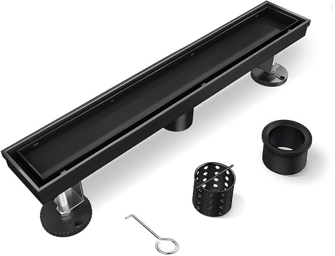 Shower Drain, 12 Inch Black Linear Shower Drain with Removable Tile Insert Grate, 2 in 1 Bathroom Modern 304 Stainless Steel Matte Black Shower Floor Drain with Adjustable Feet,Hair Filter