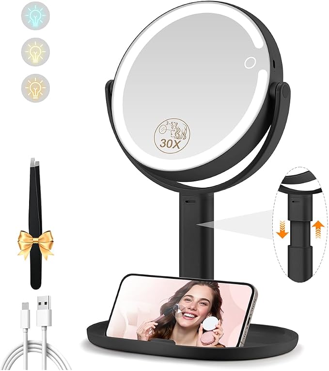 MOMOKUBA Makeup Mirror with Lights, 30X Magnifying Mirrors, Height Adjustable, Vanity Mirror with Lights Rechargeable 3 Color Modes, Double-Sided Detachable Travel Mirrors, Gift for Women, Black/30X