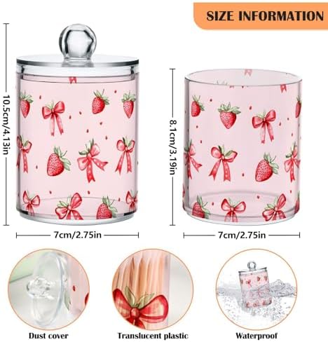 ALAZA Strawberry Bow Polka Dots 2 Pack Qtip Holder Dispenser for Cotton Swabs, Balls, Pads, Floss 10 oz Plastic Canister Organizer