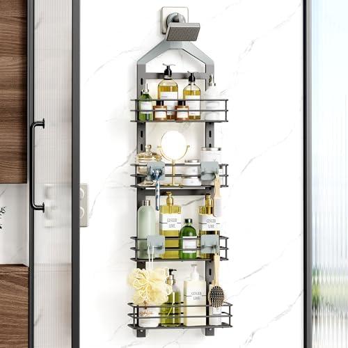 Orimade 4 Tier Adjustable Anti-slip Shower Caddy over Shower Head,Rustproof Bathroom Hanging shower Organizer with 4 Hooks for Razor,No Drilling Shower shelves Storage Rack,Grey