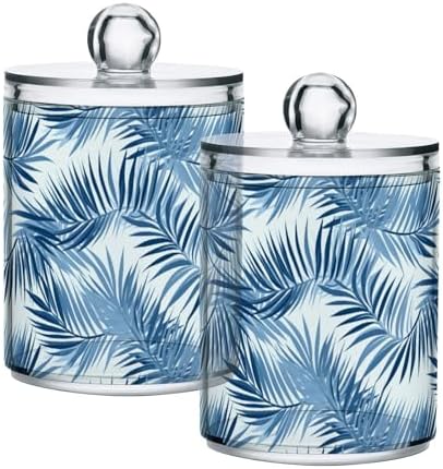 2 Pack Qtip Holder Organizer Dispenser Blue Tropical Leaves Bathroom Storage Canister Cotton Ball Holder Container for Cotton Pads/Swabs/Floss