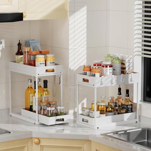 Delamu Under Sink Organizers and Storage, 2 Pack Pull Out Kitchen Bathroom Cabinet Organizer, 2 Tier White Under Sink Storage for Bathroom Kitchen, Under Counter Storage Organizer with 8 Hooks