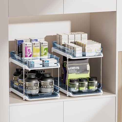 Delamu 2-Tier Multi-Purpose Bathroom Under Sink Organizers and Storage, Stackable Kitchen Pantry Organization, Pull Out Medicine Cabinet Organizer with Movable Dividers, Blue, 4 Pack