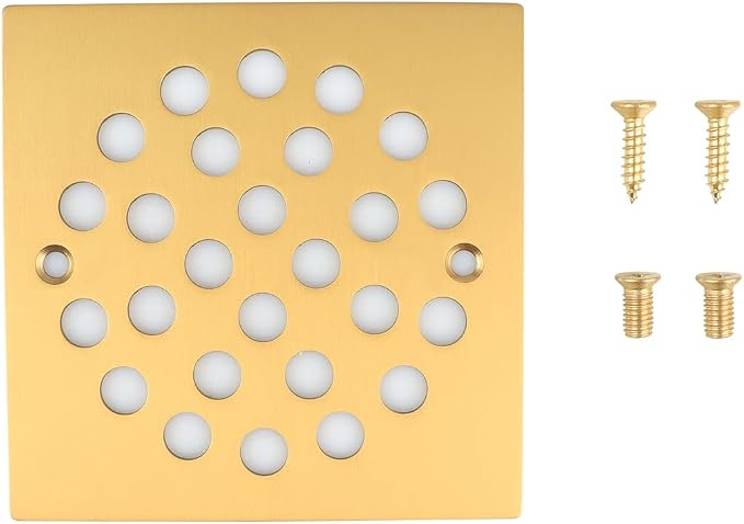 4 Inch Screw-in Square Floor Drain Cover Replacement Shower Grates with Screws,304 Stainless Steel (Brushed Golden)