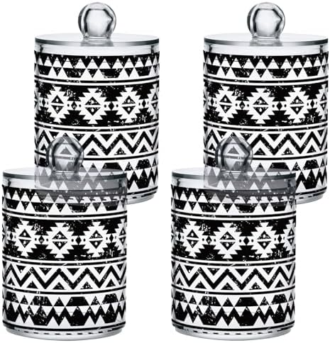 Aztec Tribe Pattern Black Stripe 4 Pack Plastic Qtips Holder Bathroom Organizer Canisters for Cotton Balls/Swabs/Pads/Floss,Plastic Apothecary Jars for Vanity