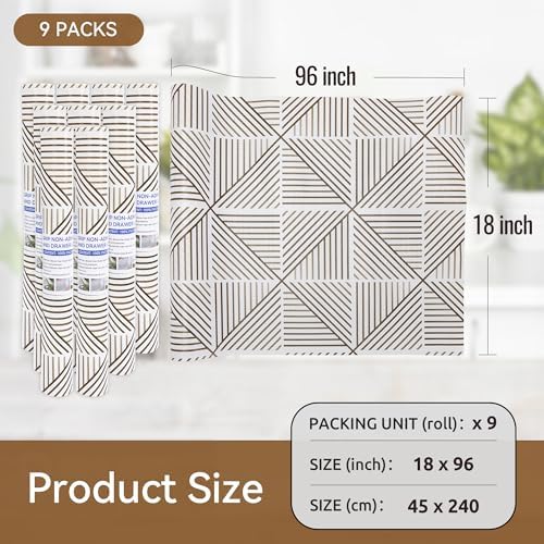 FIFTY FEET 18"x96" Non-Adhesive Shelf Liner for Kitchen Cabinets and Drawers, Washable Non-Slip PVC Cabinet Liner (Brown Modern)(9 Roll)