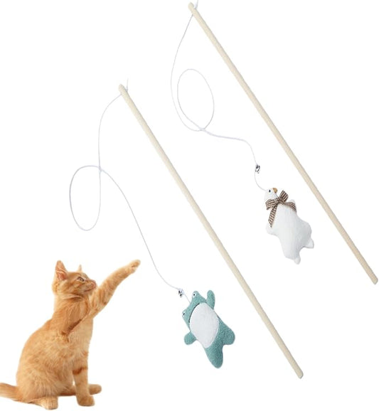2-Pack Cat Toy Wand Set: Interactive Cat Teaser Wands with Bells and Streamers to Engage Your Cat’s Natural Instincts (Frogs and Geese)