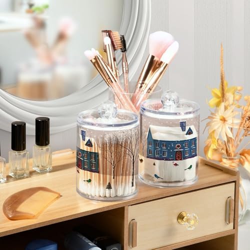 Christmas Winter Qtip Holder Dispenser 4 Pack Snowmen Snow Courtyard with Trees Apothecary Jars with Lids Bathroom Vanity Countertop Canister Storage Organizer for Cotton Ball,Swabs,Pads,Floss