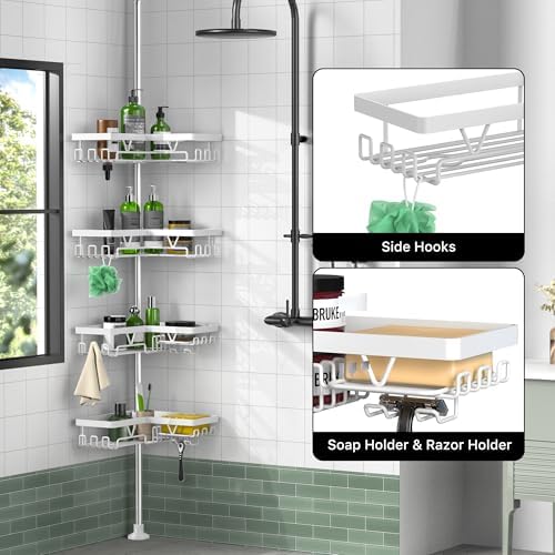 KEGII Corner Shower Caddy Tension Pole, Bathroom Storage, Matte White
