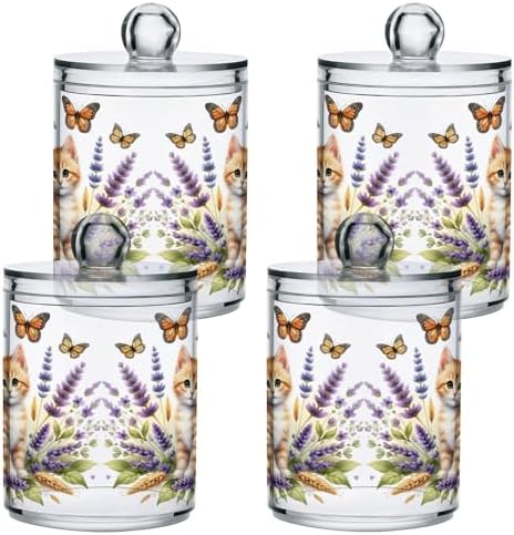 MNSRUU 4 Pack Qtip Holder Organizer Dispenser Cute Ginger Kitten and Flowers Pink Bathroom Storage Canister Cotton Ball Holder Bathroom Containers for Cotton Swabs/Pads/Floss