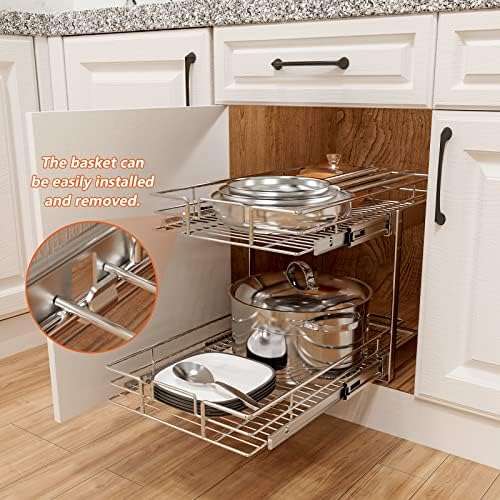 ROOMTEC Individual Pull Out Cabinet Organizer (12½" W x 21½" D), 2 Tier Spice Rack Organizer for Cabinet, Slide Out Drawer Pantry Shelf Organization and Storage for Kitchen Bathroom