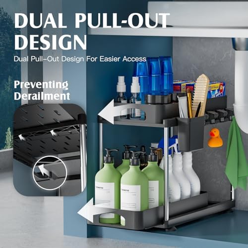 VERIFOST 2 Pack Under Sink Organizer, 2 Tier Under Sink Organizers and Storage for Kitchen Bathroom, Height Adjustable Cabinet Organizer with Two Slide-Out Drawers,Black