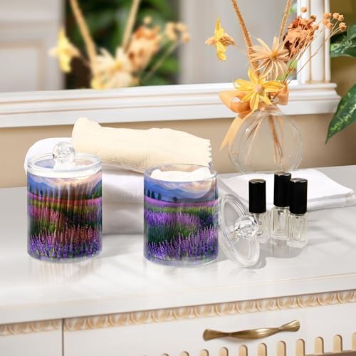 MNSRUU 2 Pack Qtip Holder Organizer Dispenser Lavender Field Bathroom Storage Canister Cotton Ball Holder Bathroom Containers for Cotton Swabs/Pads/Floss