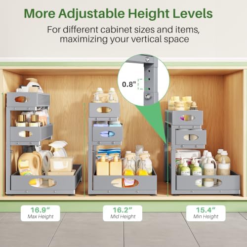 Kitstorack Under Sink Organizer 3-Tier Slide Out Drawer 1-Pack Grey
