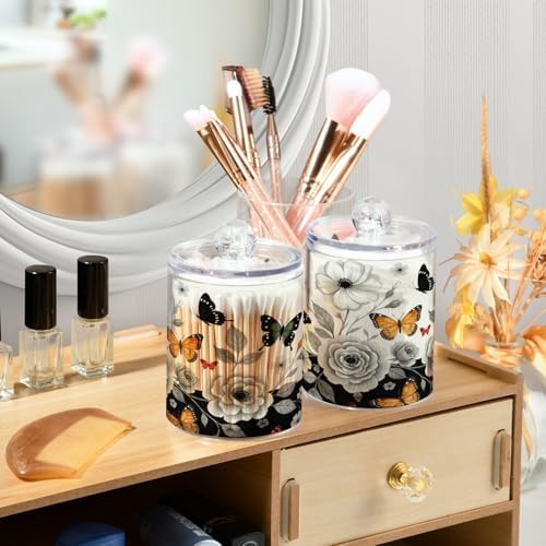 MNSRUU 2 Pack Qtip Holder Organizer Dispenser Grey Butterfly Bathroom Storage Canister Cotton Ball Holder Bathroom Containers for Cotton Swabs/Pads/Floss