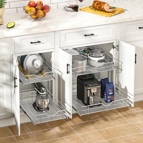 WelFurGeer 2-Tier Kitchen Cabinet Pullout Shelf and Drawer Organizer, Soft Close Pantry Pull Out Shelves, Heavy Duty Pull Out Cabinet Organizer with Shelf Liner for Kitchen Cabinets, Pantry Storage