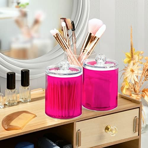 SHJI Deep Pink Qtip Holder Organizer Dispenser Cotton Swabs Cans Plastic Jars with Lid Set 4 Pack Bathroom Storage Canister for Cotton Ball Floss Cotton Pads