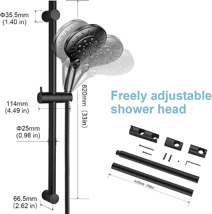 OFFO Shower Slide Bar 33 in Segmental Slide Bar Adjustable Installation Distance 20-32 in with 360° Adjustable Handheld Shower Head Holder for Bathroom, Screw Wall Mounted, Matte Black