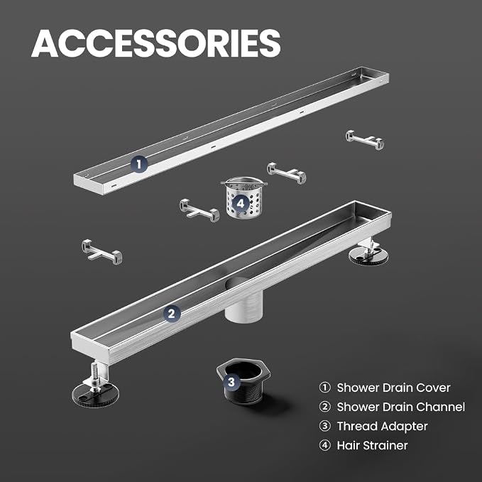Linear Shower Drain 36 Inch, Shower Drain with 2-in-1 Tile Insert Panel, Brushed AISI 304 Stainless Steel Linear Drain for Fast Drainage, Floor Drain for Bathroom, Kitchen, Garage & More
