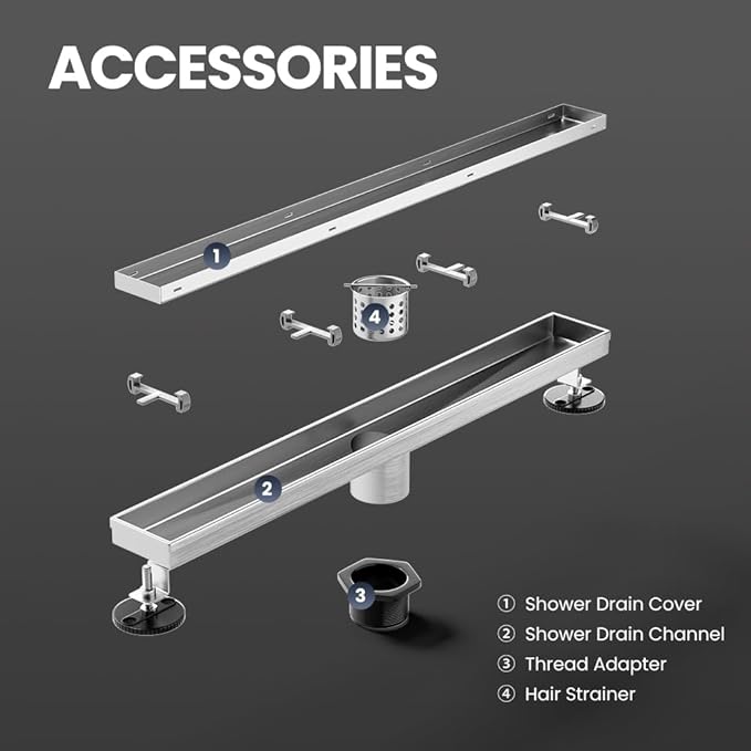 Linear Shower Drain 12 Inch, Shower Drain with 2-in-1 Tile Insert Panel, Brushed AISI 304 Stainless Steel Linear Drain for Fast Drainage, Floor Drain for Bathroom, Kitchen, Garage & More