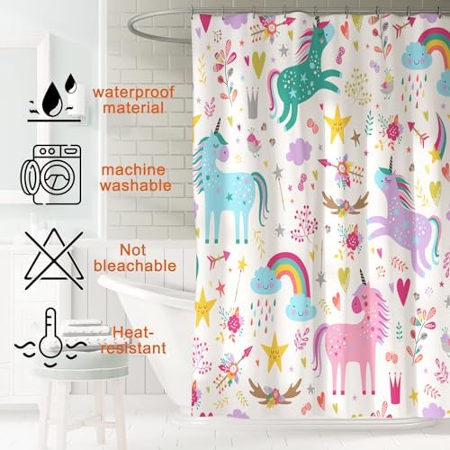 Unicorn Bathroom Set Colorful Pink 4 Pcs Shower Curtain Sets with Non-Slip Rugs Toilet Lid Cover and Bath Mat Set, Girls Ttoddler Bathroom Decor with 12 Hooks