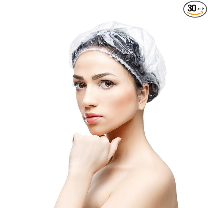 30pcs Disposable Shower Caps - Multi-Purpose Thickening Elastic Bath Cap Plastic Waterproof Clear Shower Cap Bath Shower Caps Women Spa,Men Hair Caps,Home Use,Hotel and Hair Salon, Travel.(Size 52CM)