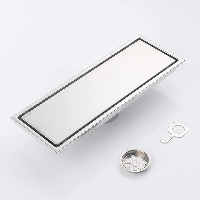 12 Inch Brushed Nickel Linear Shower Drain Pipe with Tile Insert Grille, Removable Hidden Cover, SUS304 Stainless Steel Rectangular Floor Drain