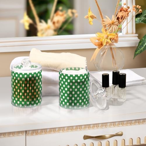 ALAZA Polka Dot Green White 2 Pack Qtip Holder Dispenser for Cotton Swabs, Balls, Pads, Floss 10 oz Plastic Canister Organizer